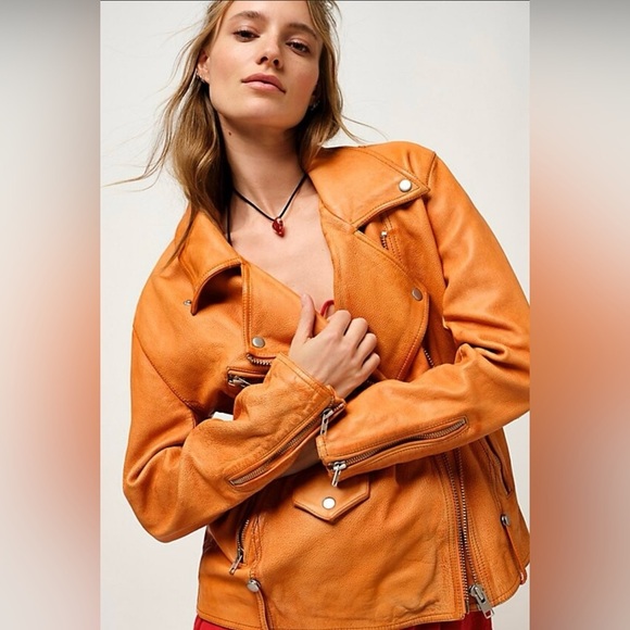 NWOT We The Free Jealousy Leather Moto Jacket M Tangerine Orange - Picture 4 of 14